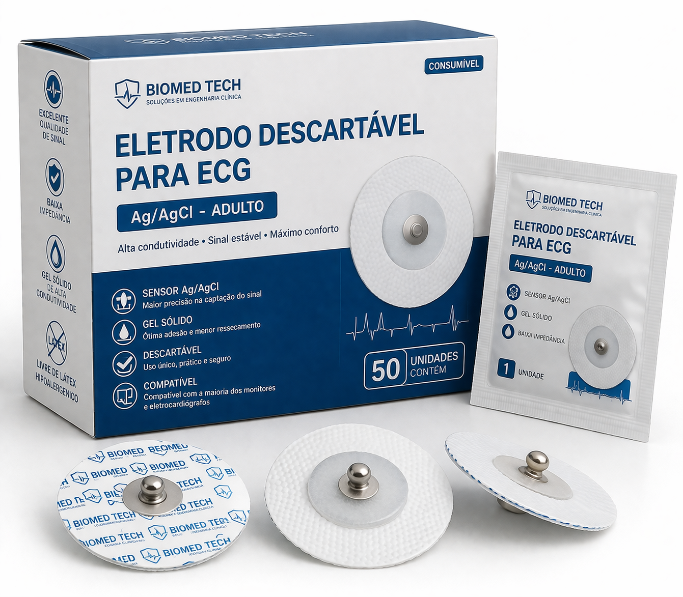 Eletrodo Descartável ECG Adulto Ag/AgCl – Pacote com 50 Unidades